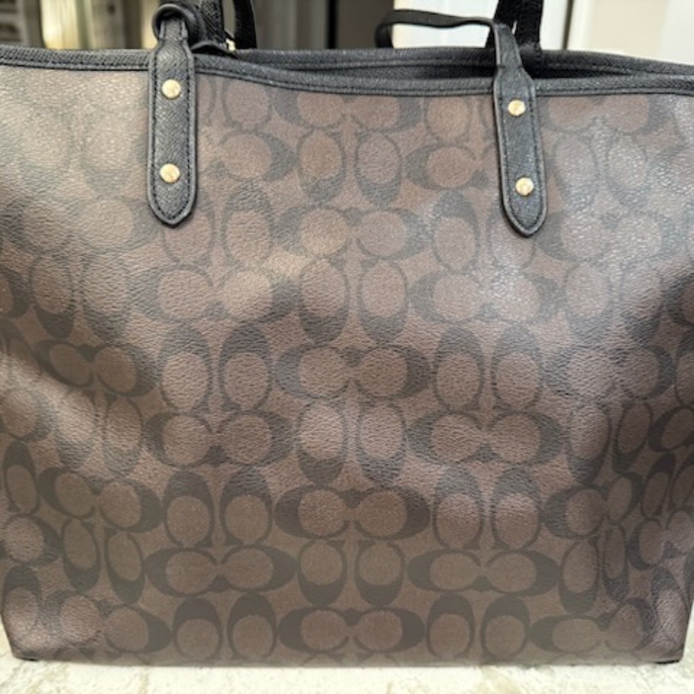 Coach Brown Signature Canvas Tote with Black Trim - Picture 10 of 15